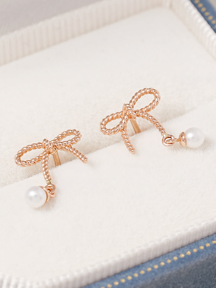 14K Gold Rose Ribbon Freshwater Pearl Drop Cartilage Earring 18G16G