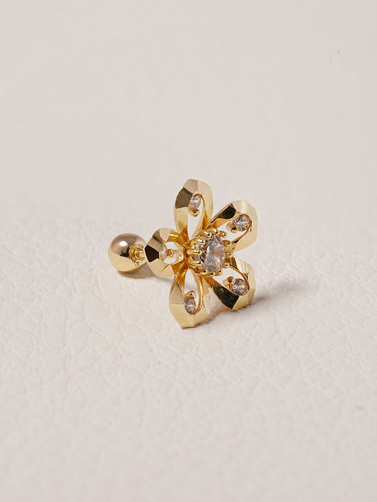14K Solid Gold Glossy Cubic Flower Cutting Cartilage Earring 20G18G