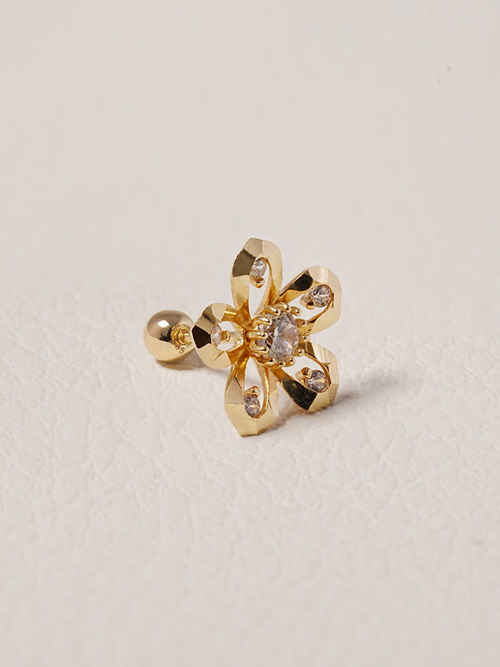 14K Solid Gold Glossy Cubic Flower Cutting Cartilage Earring 20G18G