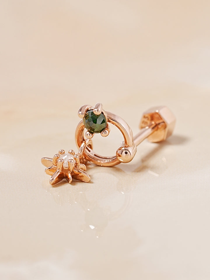 14K Gold Green Rough Universe Ring Drop Cartilage Earring 18G