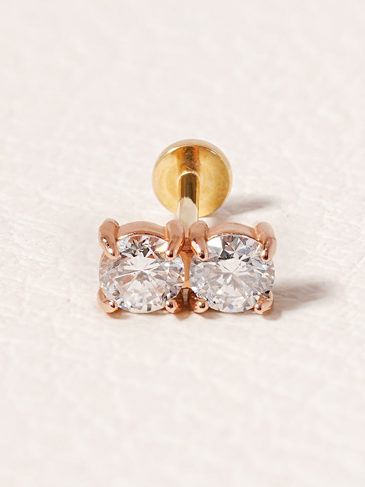 14K Solid Gold Lab Diamond Twin Stud Internally Threaded Labret Piercing 20G