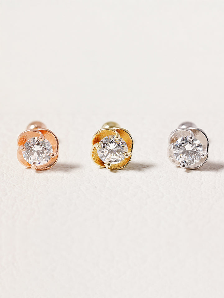 14K Solid Gold Lab Diamond Rose Cartilage Earring 20G18G16G