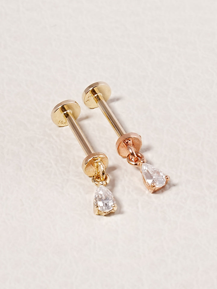 14K Solid Gold Moissanite Dia Teardrop Drop Internally Threaded Labret Piercing 20G
