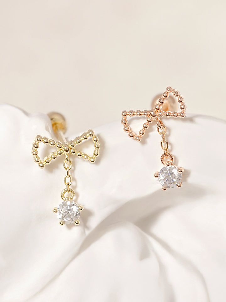 14K Solid Gold Ribbon Drop Cubic Cartilage Earring 20G