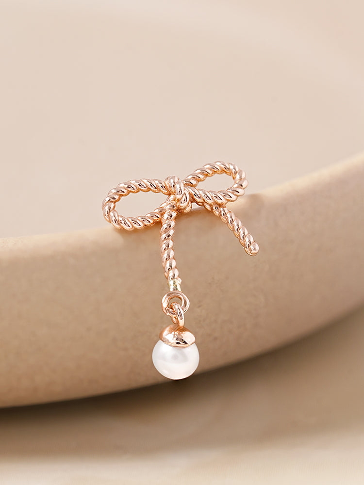 14K Gold Rose Ribbon Freshwater Pearl Drop Cartilage Earring 18G16G