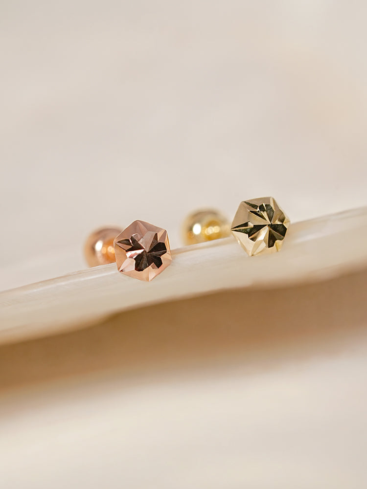 14K Solid Gold Shining Hexagonal Cutting Cartilage Earring 20G