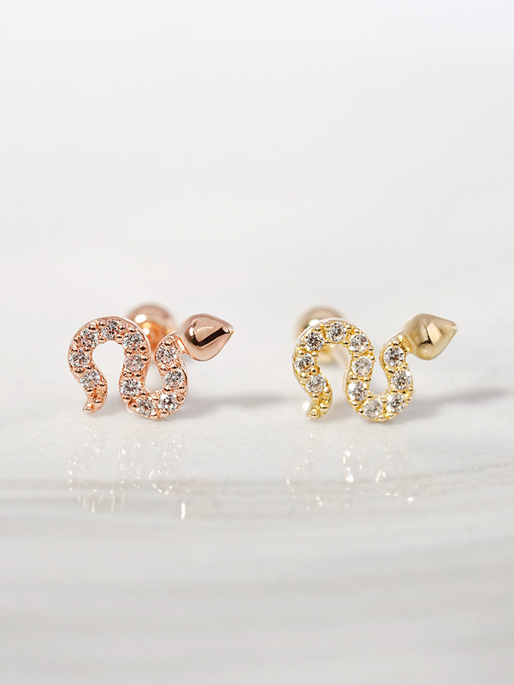 14K Solid Gold Bling Snake Cubic Cartilage Earring 20G