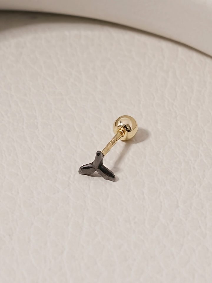 14K Solid Gold Black Mini Whale Tail Cartilage Earring 20G18G16G