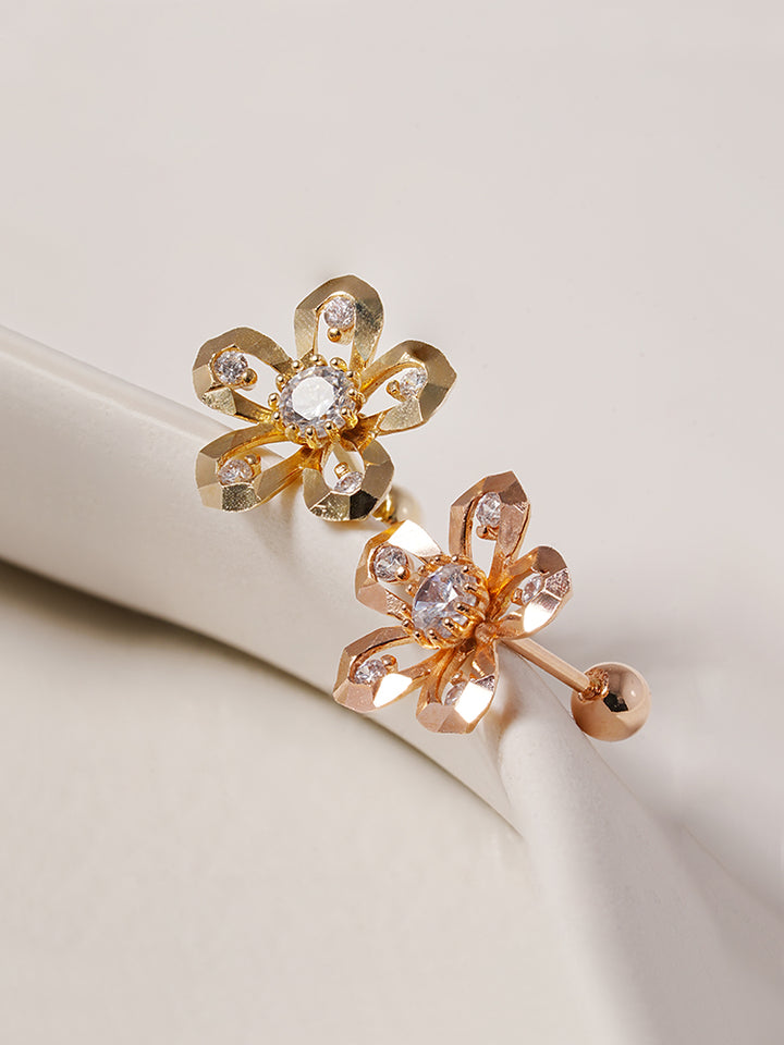 14K Solid Gold Glossy Cubic Flower Cutting Cartilage Earring 20G18G