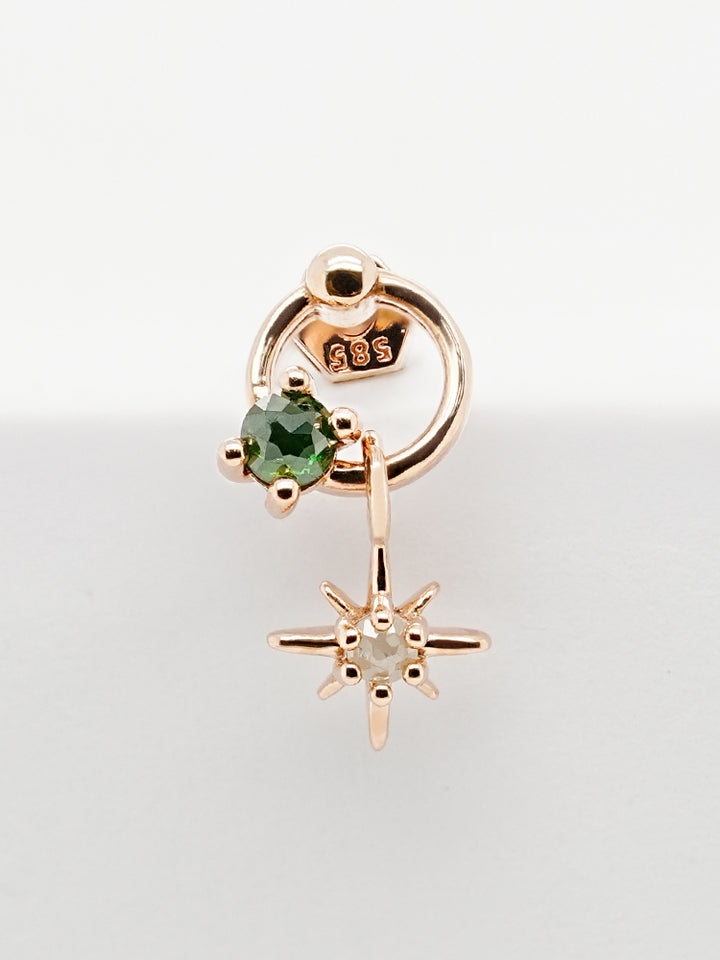 14K Gold Green Rough Universe Ring Drop Cartilage Earring 18G