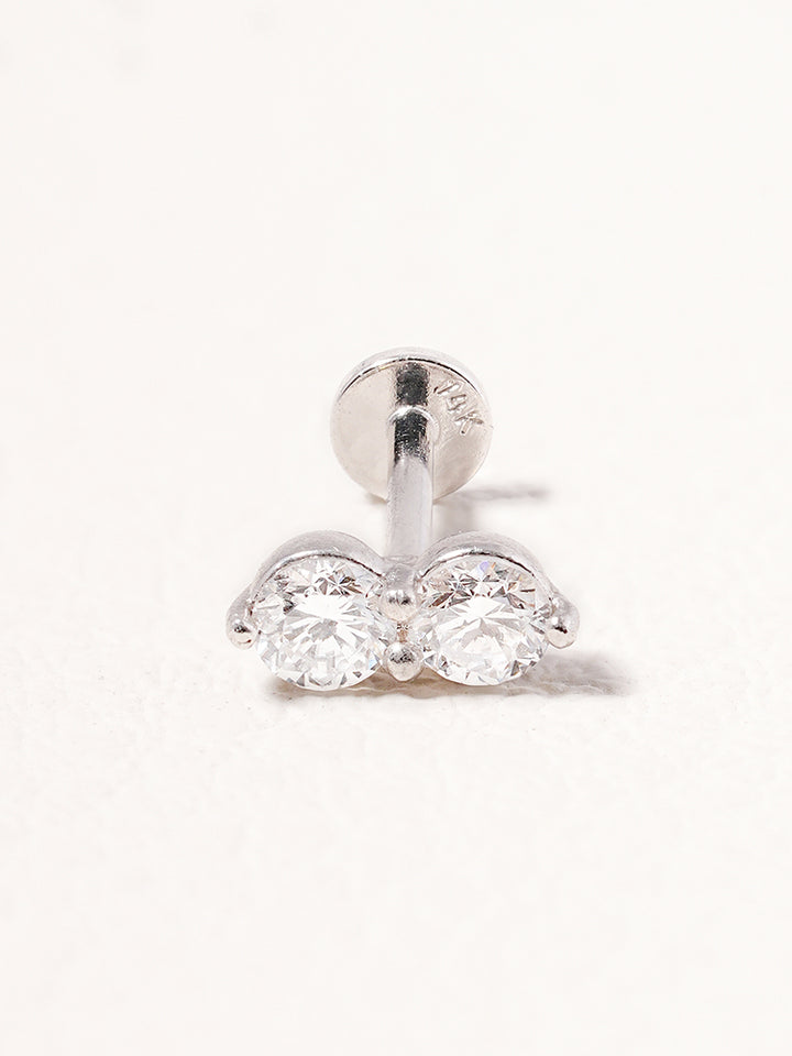 14K Solid Gold Lab Diamond Two Stone Two Way Internally Threaded Labret Piercing 20G