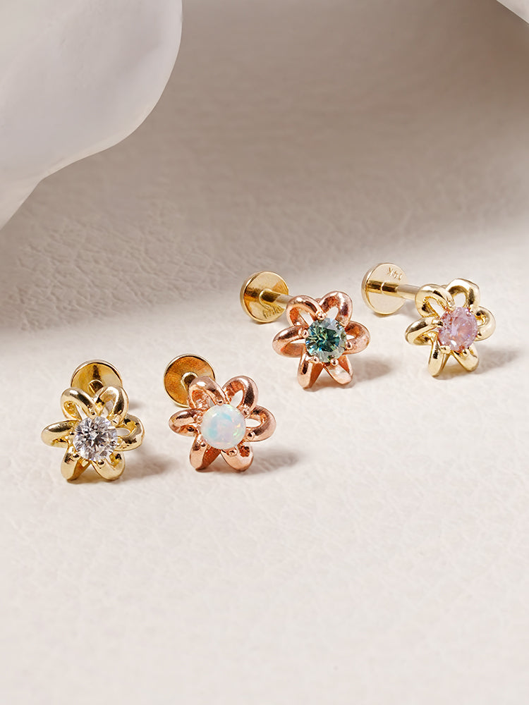 14K Solid Gold Moissanite Dia Daisy Loop Internally Threaded Labret Piercing 20G