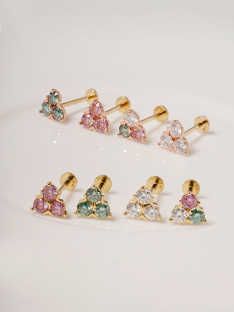 14K Solid Gold Moissanite Dia Trio Internally Threaded Labret Piercing 20G