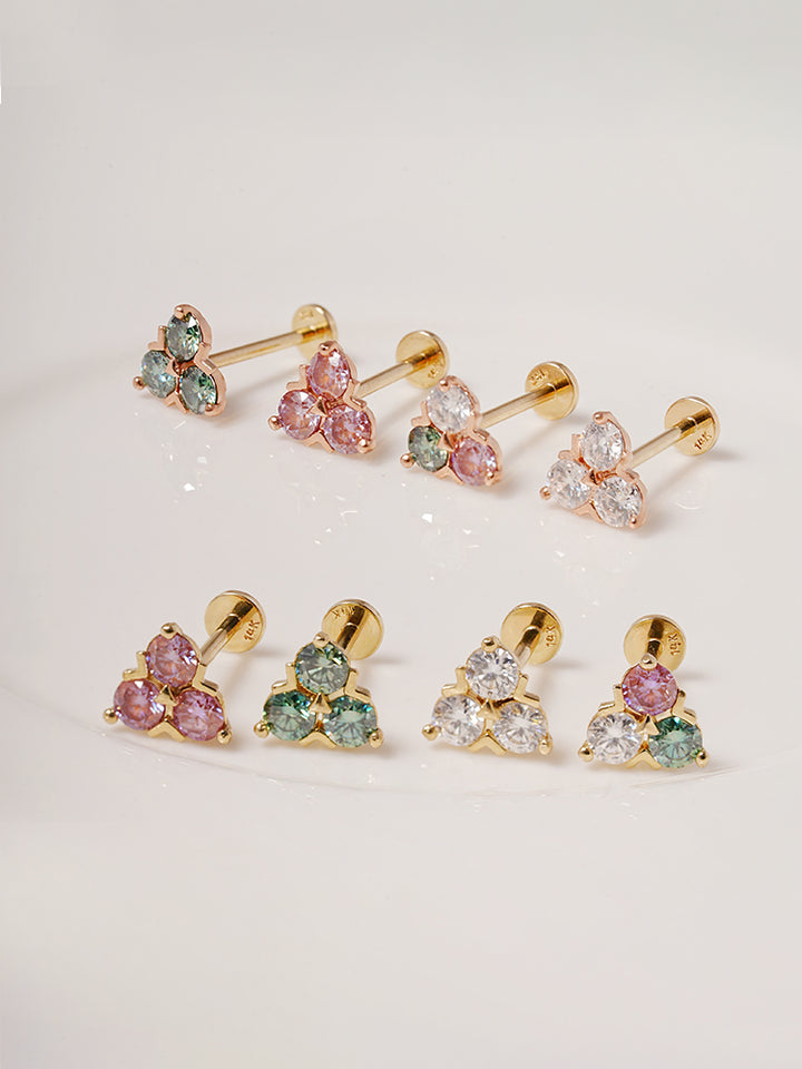 14K Solid Gold Moissanite Dia Trio Internally Threaded Labret Piercing 20G
