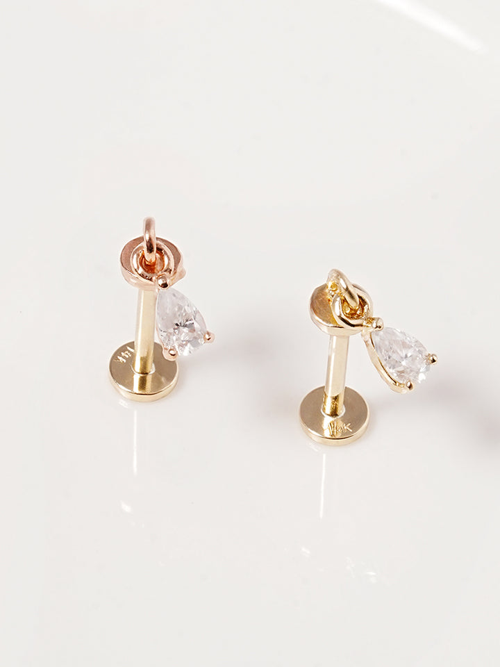 14K Solid Gold Moissanite Dia Teardrop Drop Internally Threaded Labret Piercing 20G