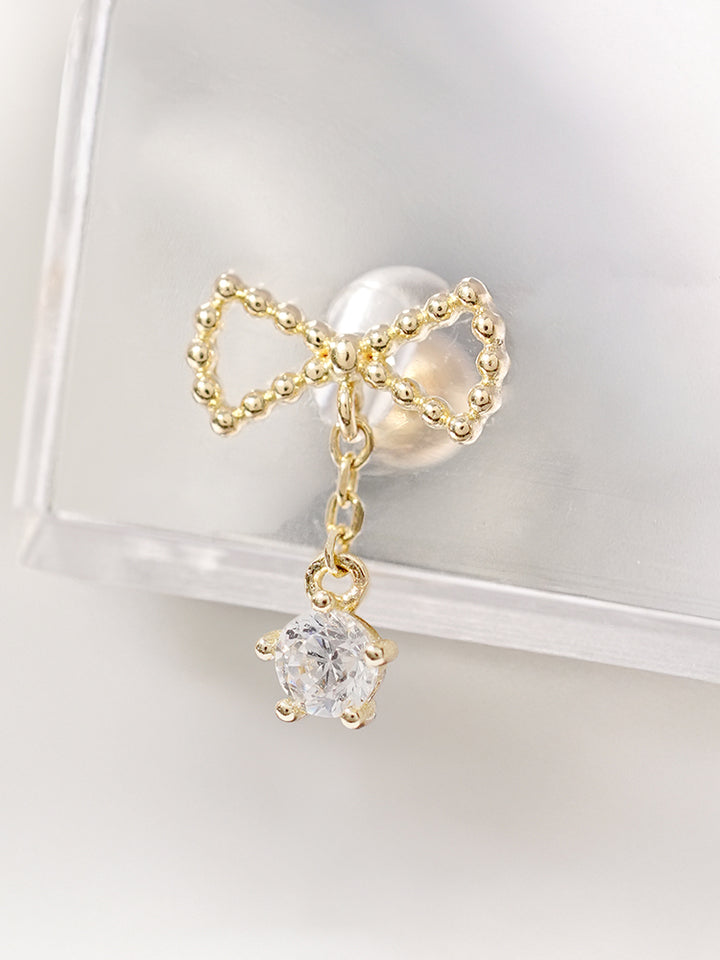 14K Solid Gold Ribbon Drop Cubic Cartilage Earring 20G