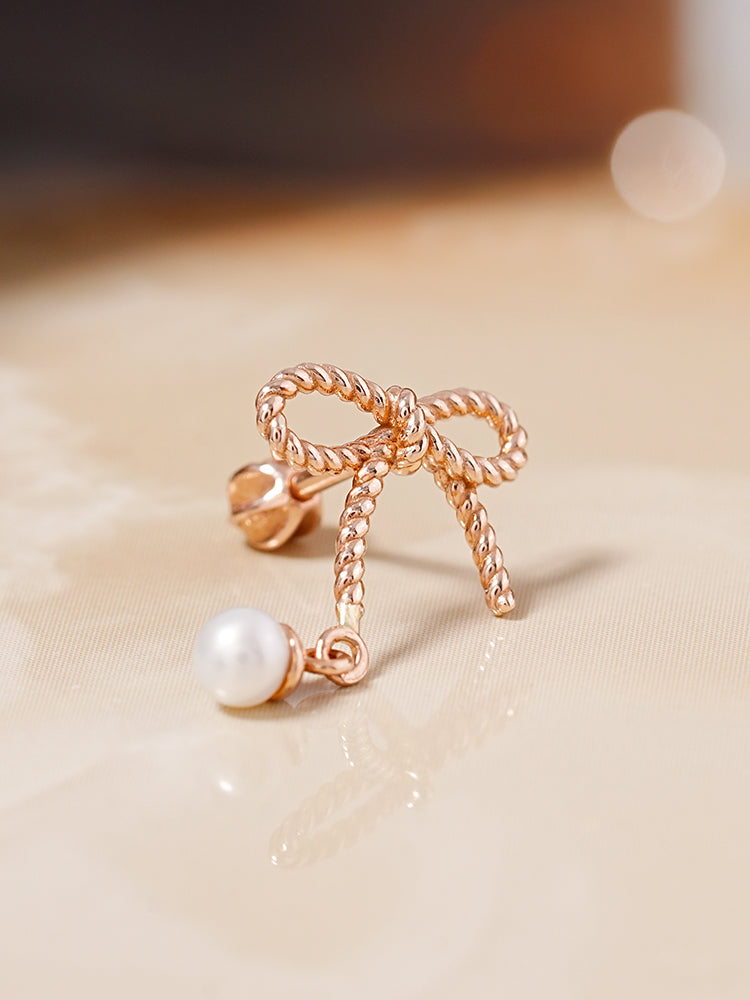 14K Gold Rose Ribbon Freshwater Pearl Drop Cartilage Earring 18G16G