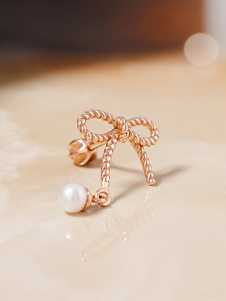 14K Gold Rose Ribbon Freshwater Pearl Drop Cartilage Earring 18G16G