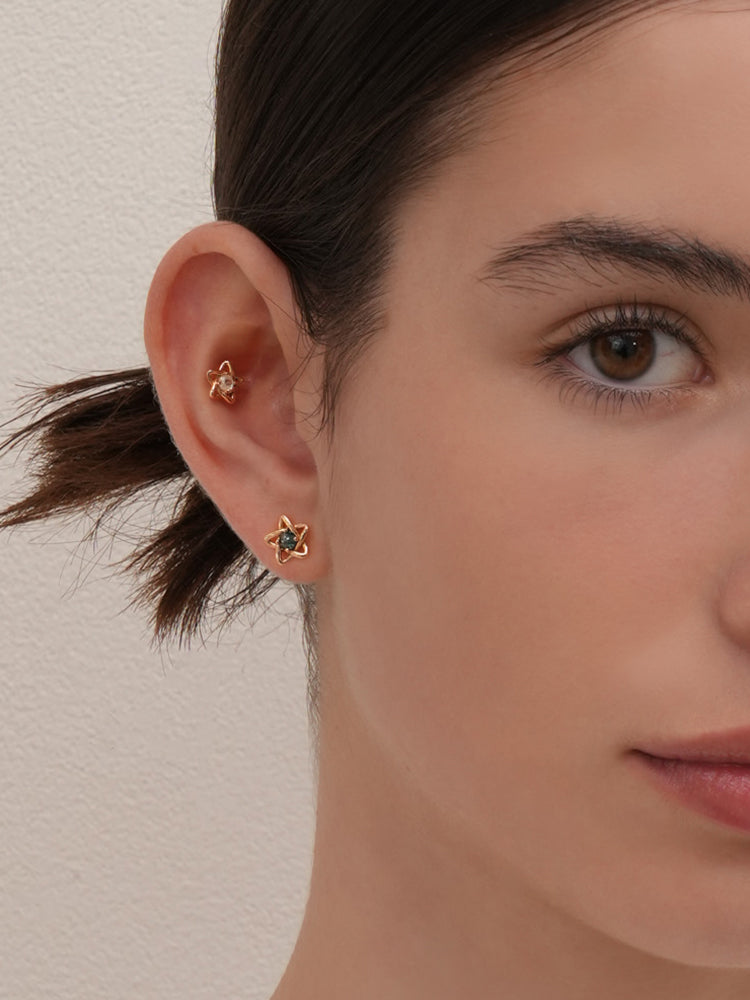 14K Solid Gold Star Line Rough Diamond Cartilage Earring 18G