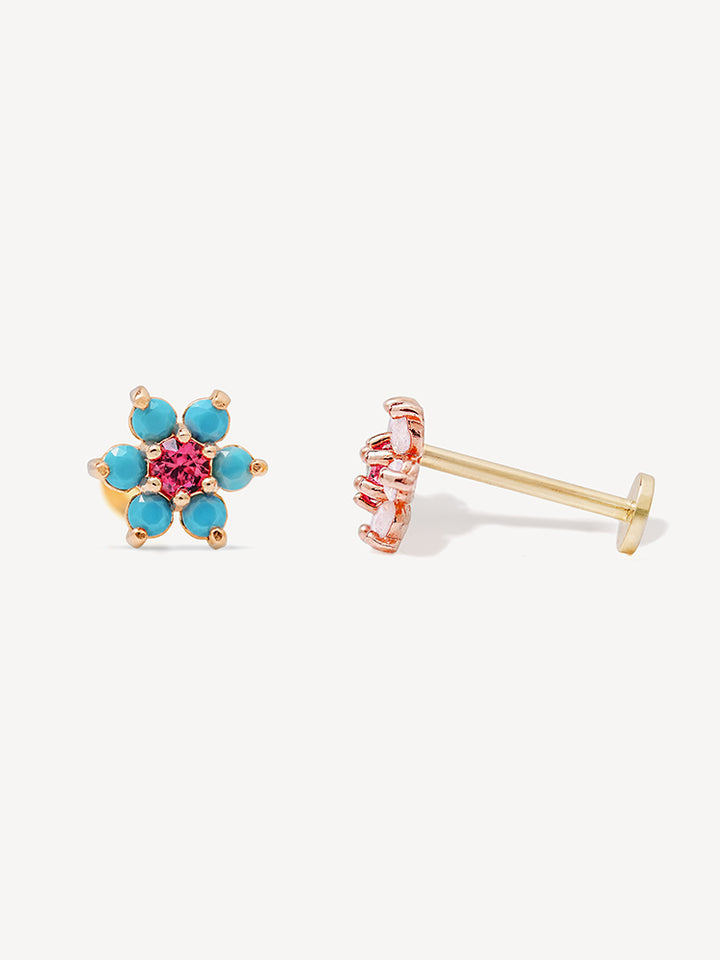 14K Solid Gold Opal Turquoise Cubic Flower Internally Threaded Labret Piercing 20G