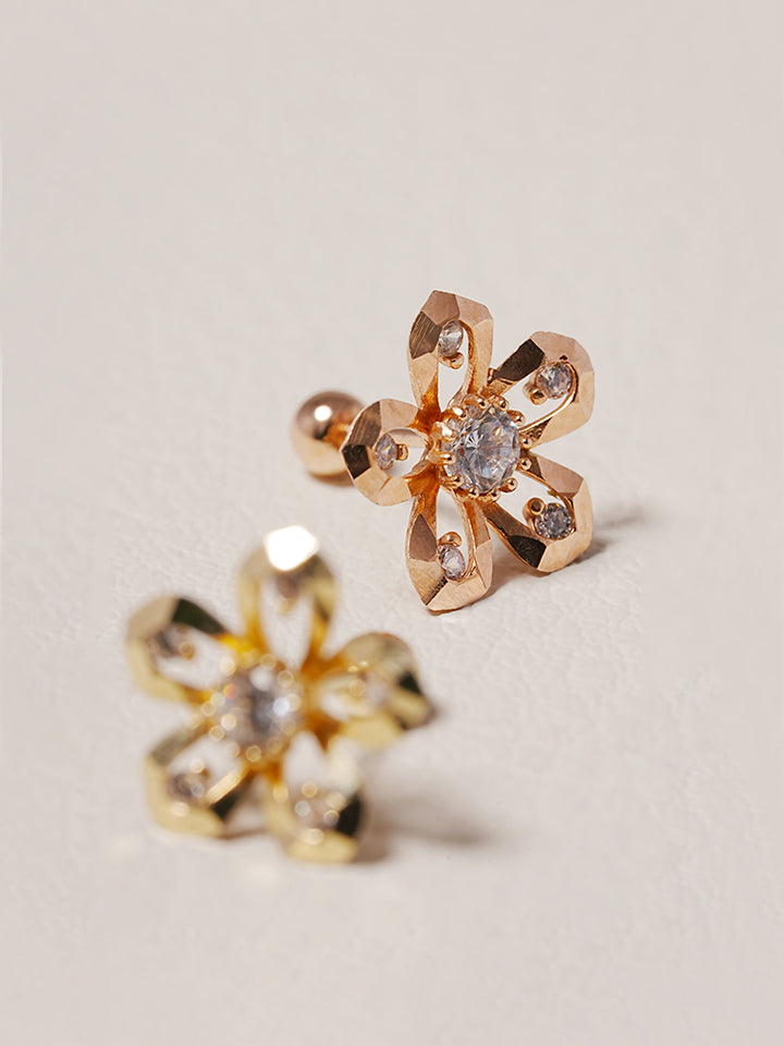 14K Solid Gold Glossy Cubic Flower Cutting Cartilage Earring 20G18G