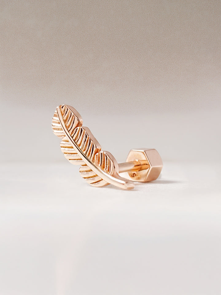 14K Solid Gold Golden Feather Cartilage Earring 18G