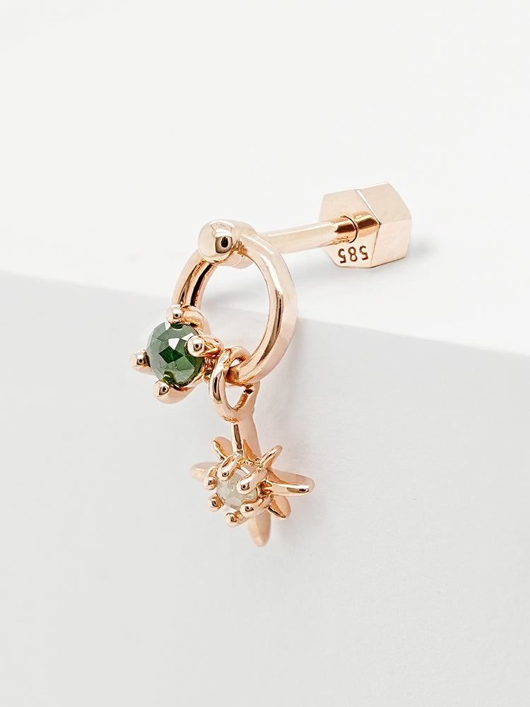 14K Gold Green Rough Universe Ring Drop Cartilage Earring 18G
