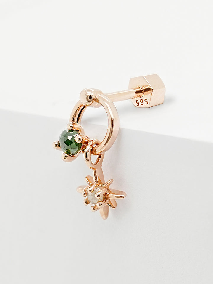 14K Gold Green Rough Universe Ring Drop Cartilage Earring 18G