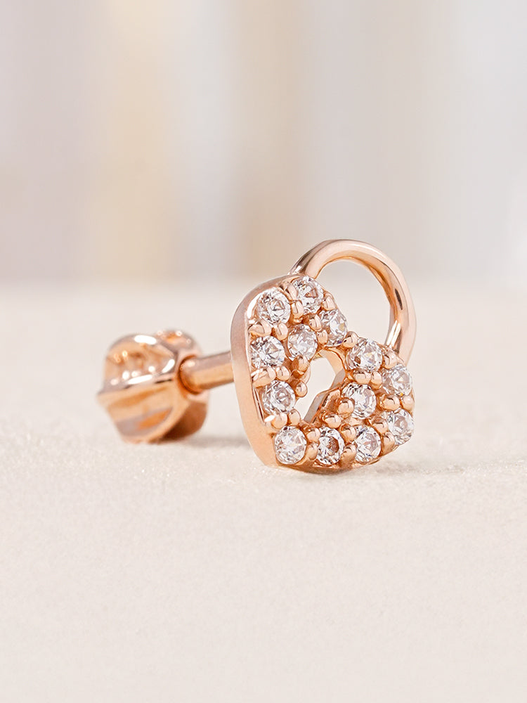 14K Gold Heart Love Lock Cartilage Earring 18G16G