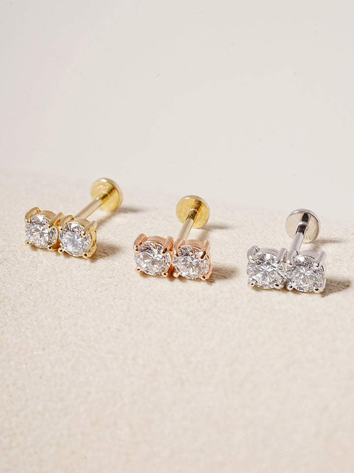 14K Solid Gold Lab Diamond Twin Stud Internally Threaded Labret Piercing 20G