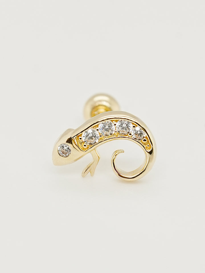 14K Solid Gold Kitsch Lizard Cubic Cartilage Earring 20G