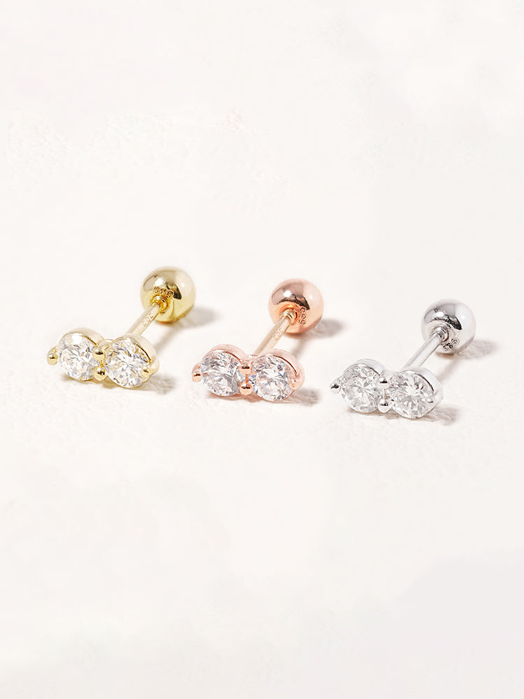 14K Solid Gold Lab Diamond Two Stone Two Way Cartilage Earring 20G18G16G