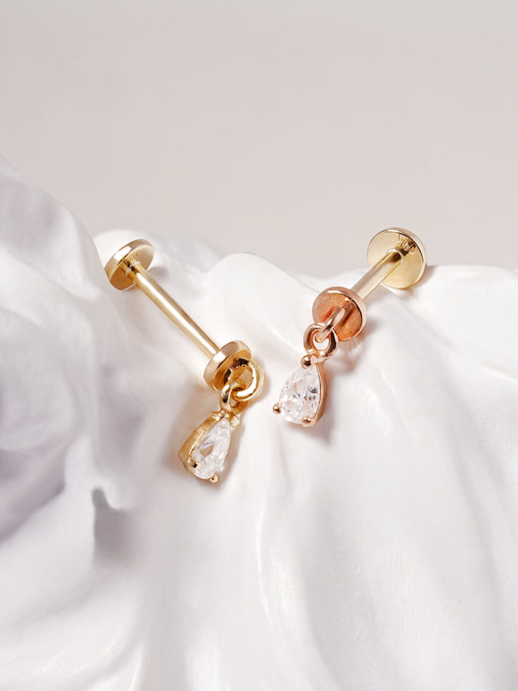 14K Solid Gold Moissanite Dia Teardrop Drop Internally Threaded Labret Piercing 20G