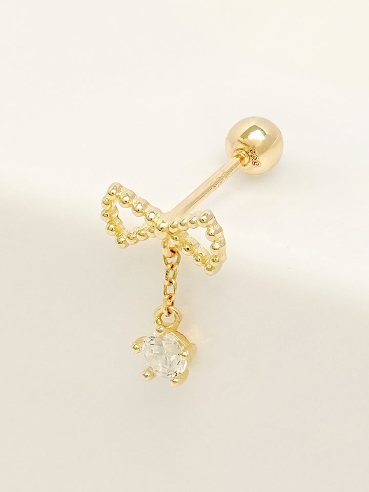 14K Solid Gold Ribbon Drop Cubic Cartilage Earring 20G