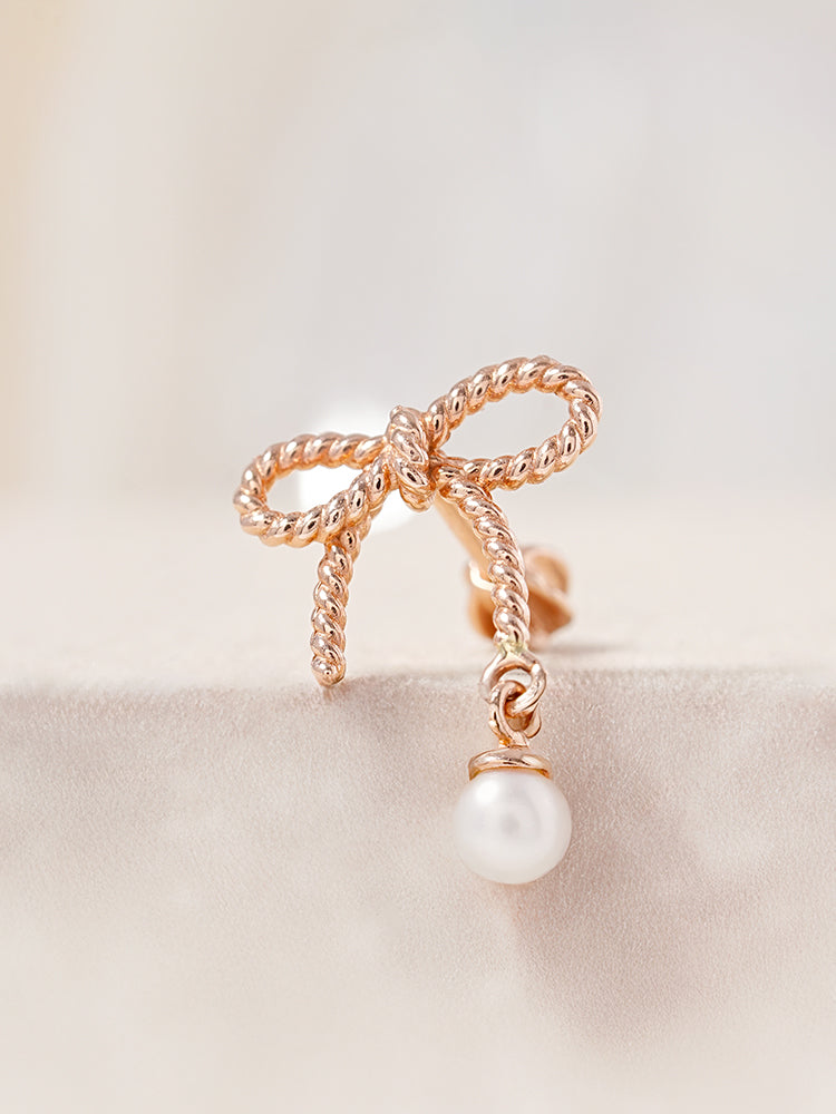 14K Gold Rose Ribbon Freshwater Pearl Drop Cartilage Earring 18G16G