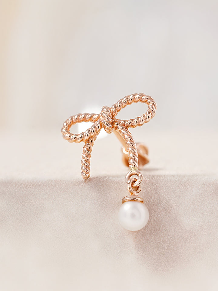 14K Gold Rose Ribbon Freshwater Pearl Drop Cartilage Earring 18G16G