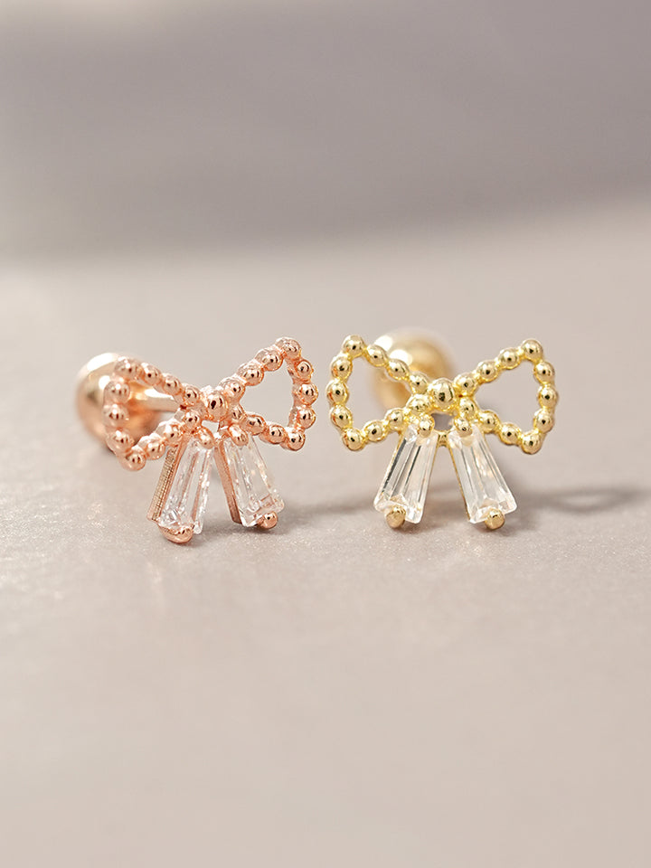 14K Solid Gold Shining Ribbon Knot Cartilage Earring 20G