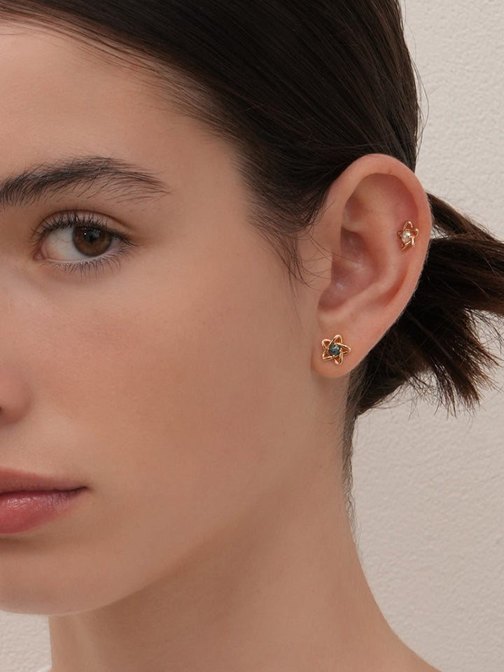 14K Solid Gold Star Line Rough Diamond Cartilage Earring 18G