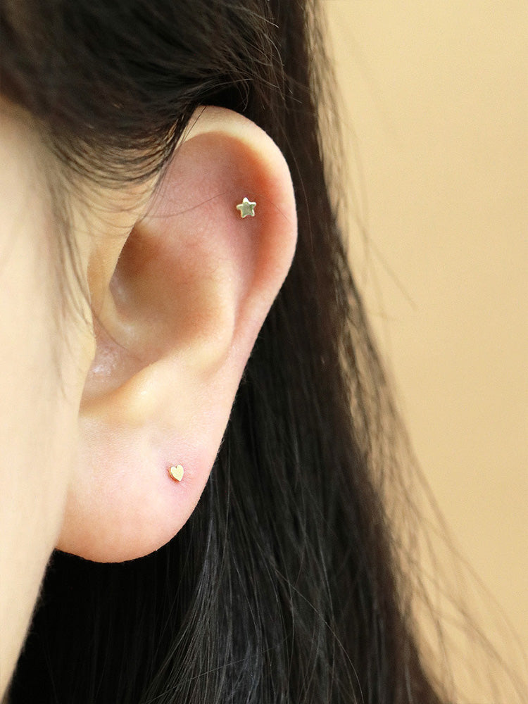 14K Solid Gold Tiny Heart Star Moon Internally Threaded Labret Piercing 20G