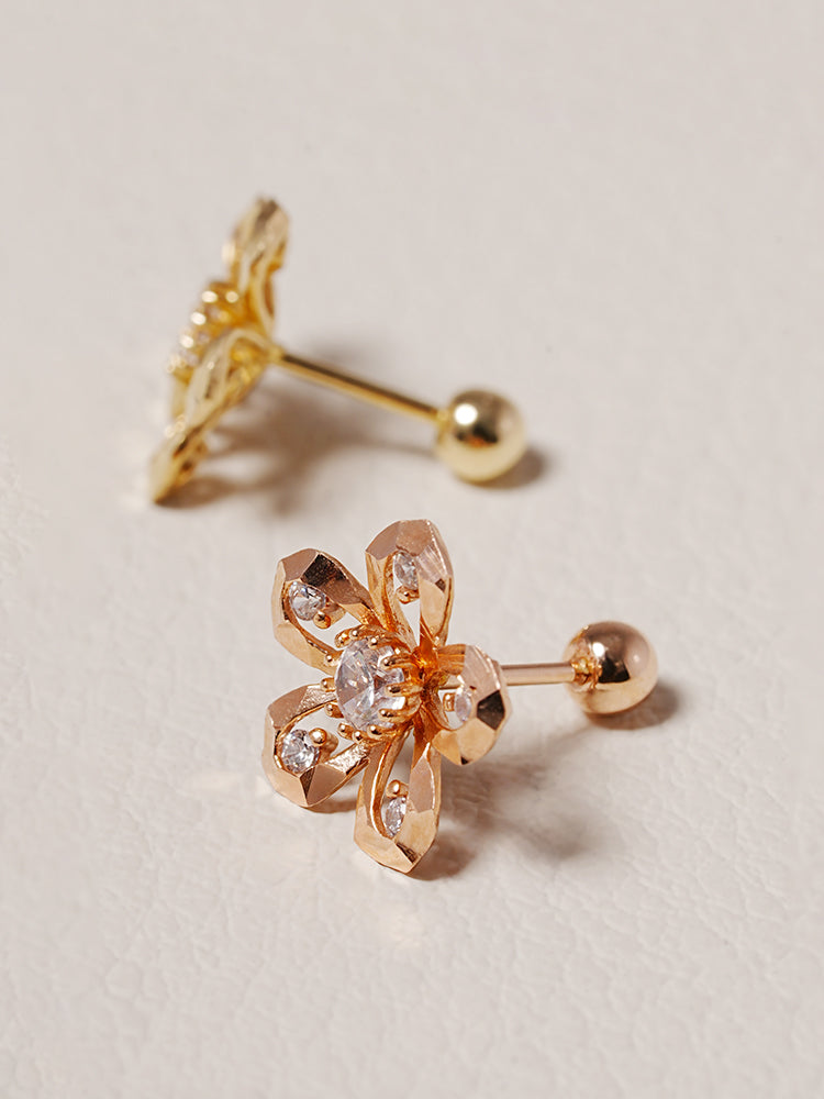 14K Solid Gold Glossy Cubic Flower Cutting Cartilage Earring 20G18G