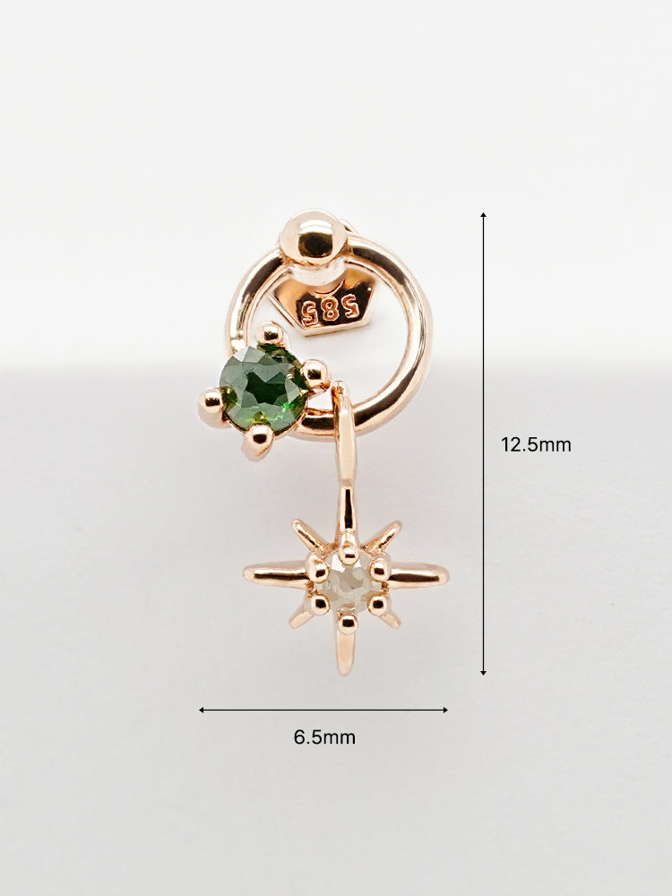14K Gold Green Rough Universe Ring Drop Cartilage Earring 18G