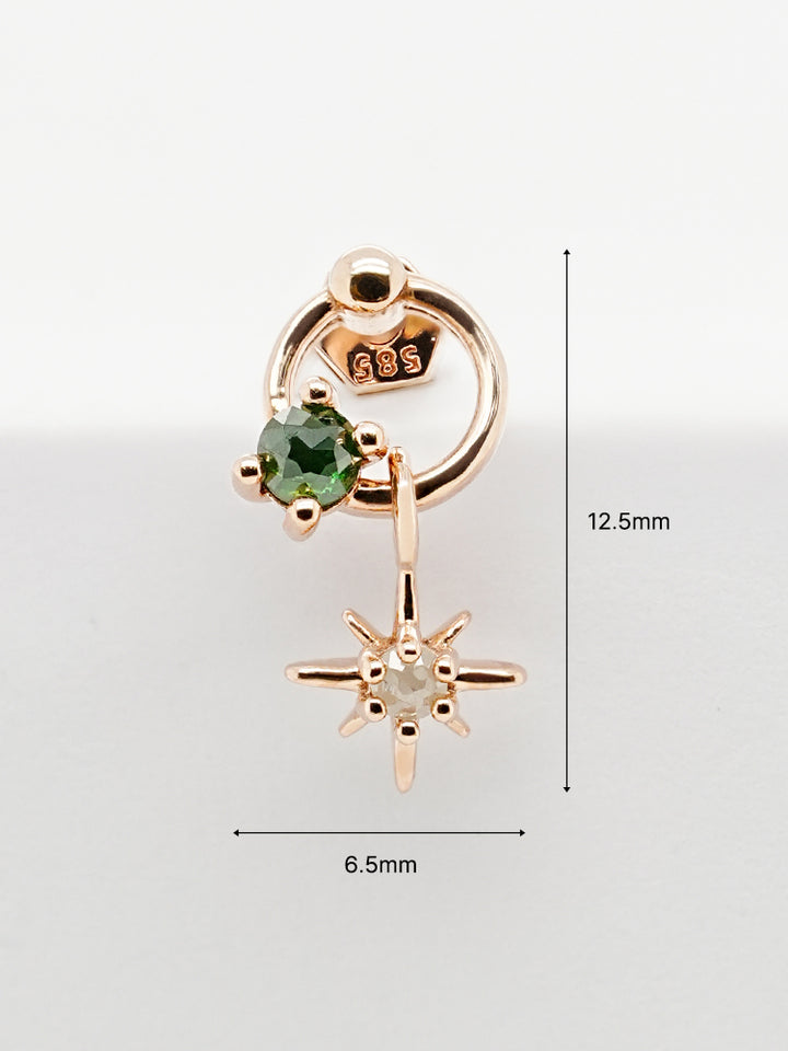 14K Gold Green Rough Universe Ring Drop Cartilage Earring 18G