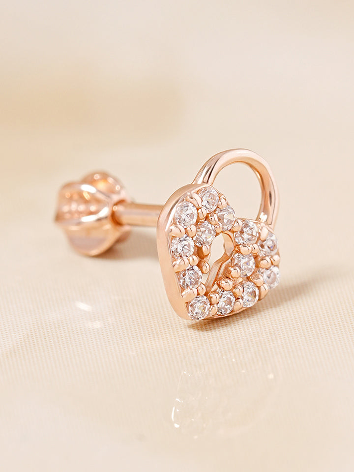 14K Gold Heart Love Lock Cartilage Earring 18G16G
