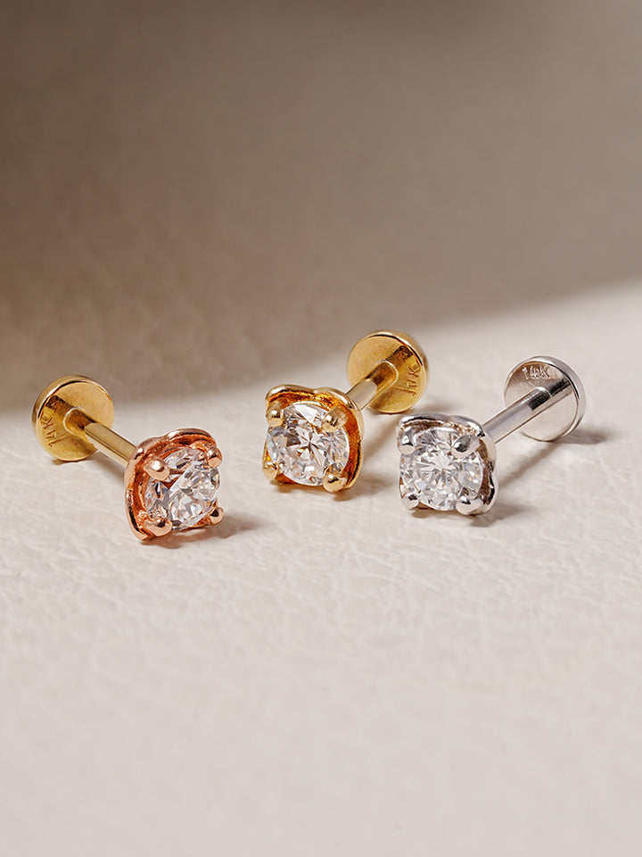 14K Solid Gold Lab Diamond Classic Square Internally Threaded Labret Piercing 20G