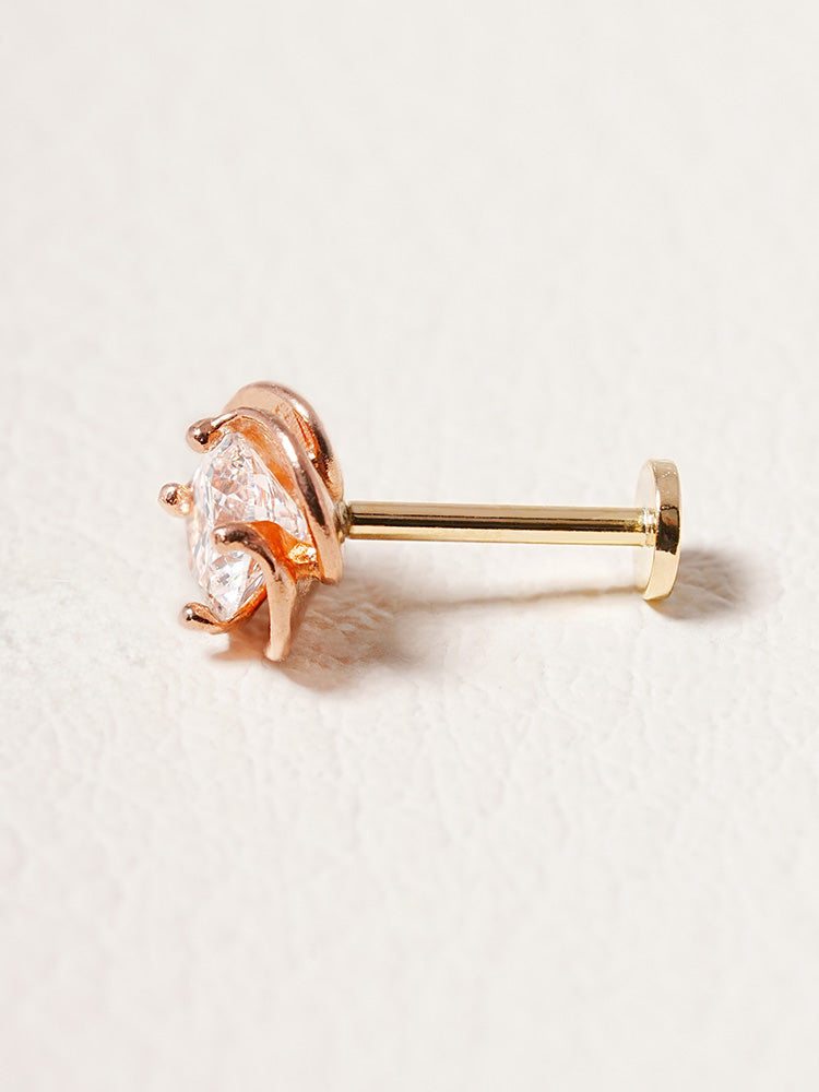 14K Solid Gold Lab Diamond Rose Internally Threaded Labret Piercing 20G