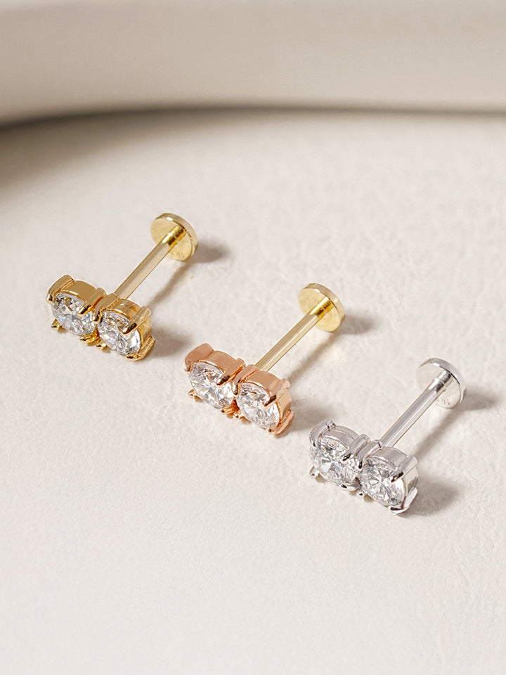 14K Solid Gold Lab Diamond Twin Stud Internally Threaded Labret Piercing 20G