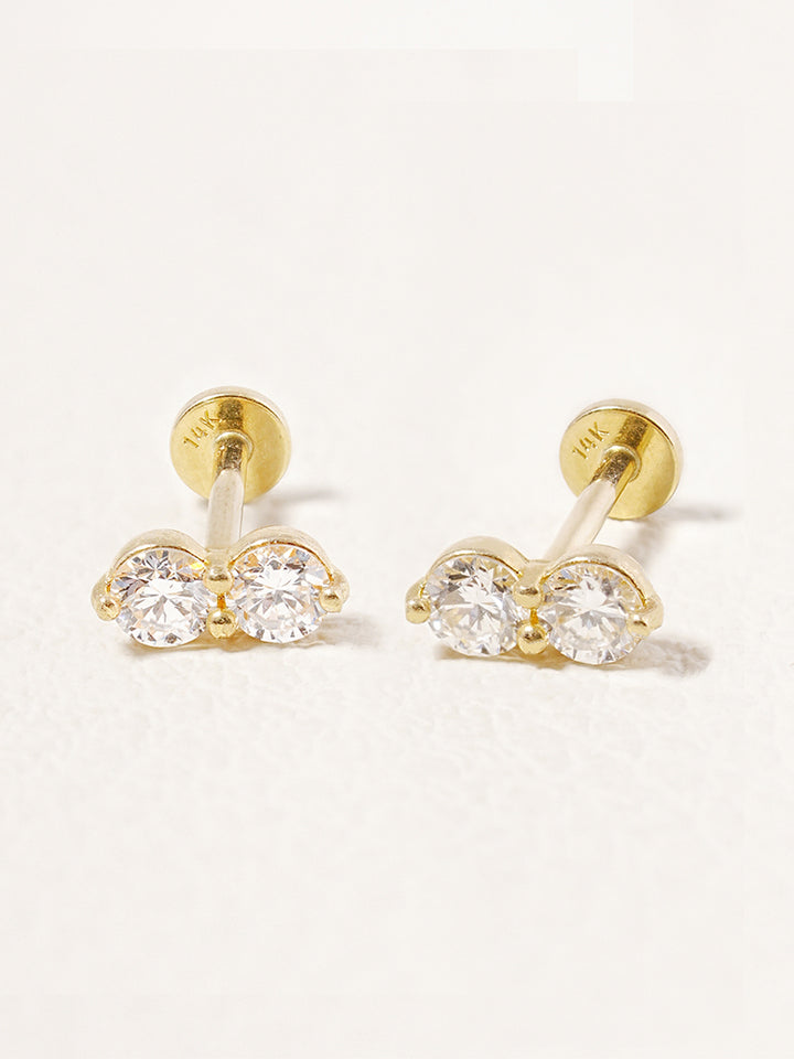 14K Solid Gold Lab Diamond Two Stone Two Way Internally Threaded Labret Piercing 20G