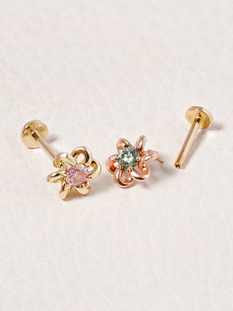 14K Solid Gold Moissanite Dia Daisy Loop Internally Threaded Labret Piercing 20G