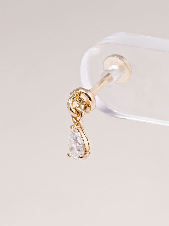 14K Solid Gold Moissanite Dia Teardrop Drop Internally Threaded Labret Piercing 20G