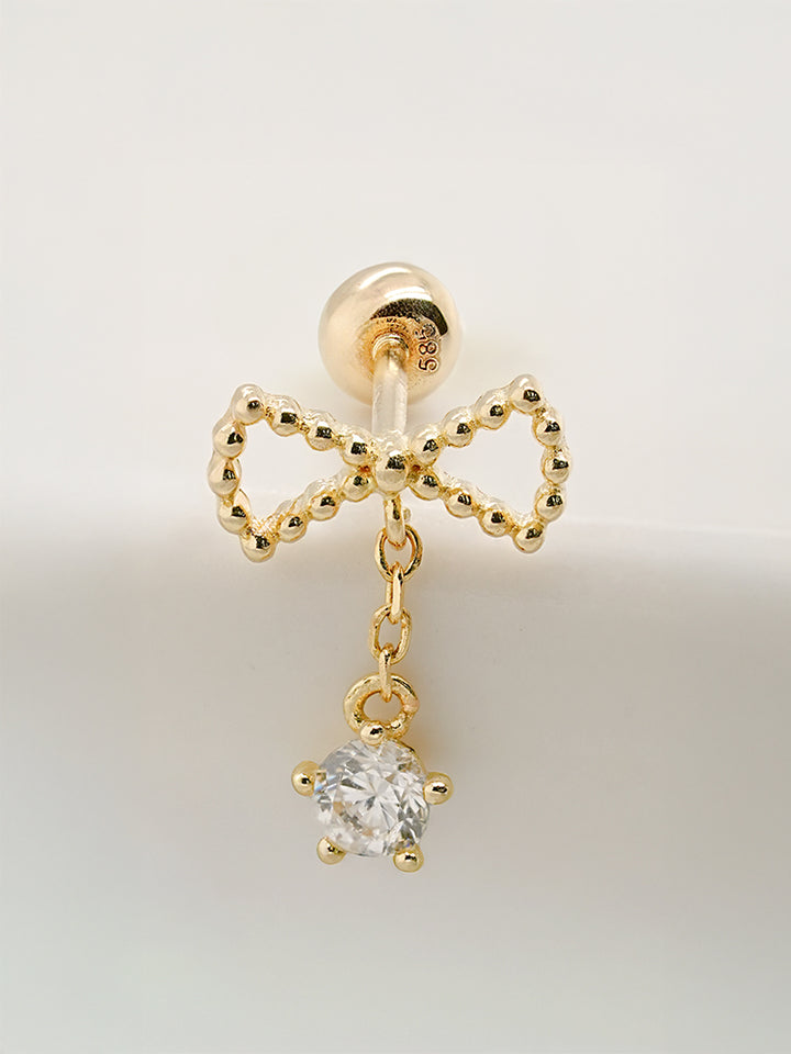 14K Solid Gold Ribbon Drop Cubic Cartilage Earring 20G